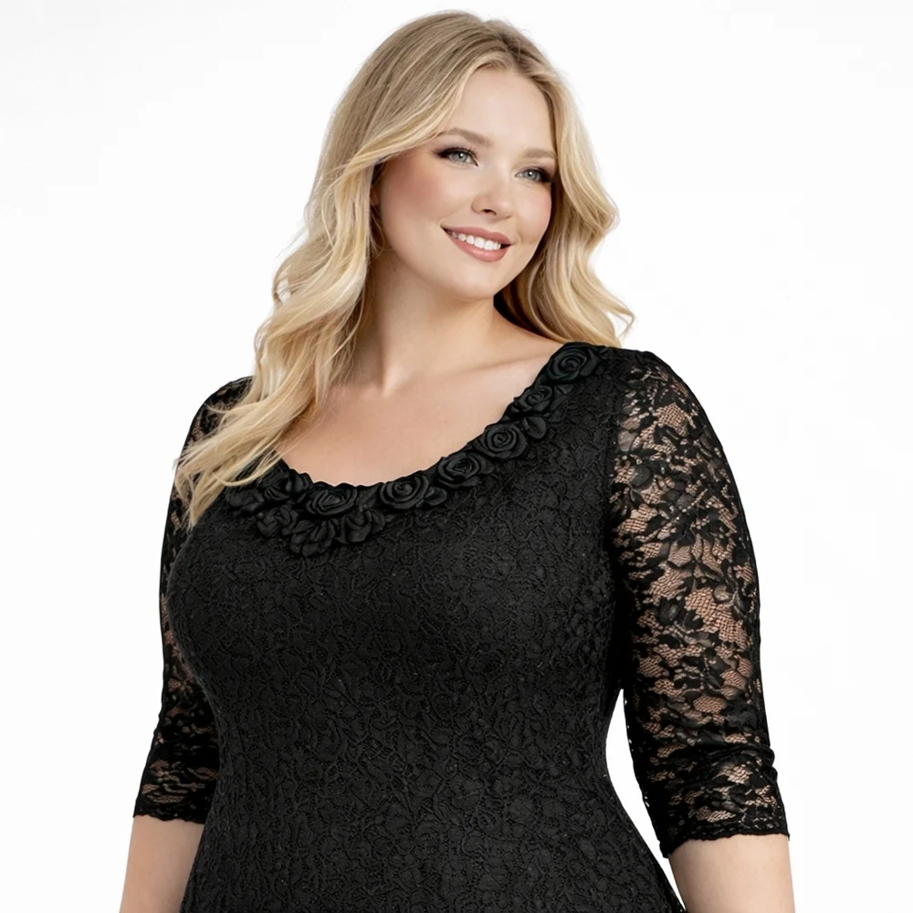 Lily by Firmiana 2X Black Lace Sharkbite Dress Rosette Neckline - Picture 5 of 13